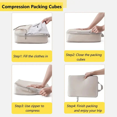 Step-by-step guide for using compression packing cubes for efficient travel packing.
