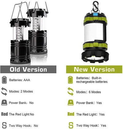 Comparison of old and new LED camping lanterns: battery types, modes, and power bank features.