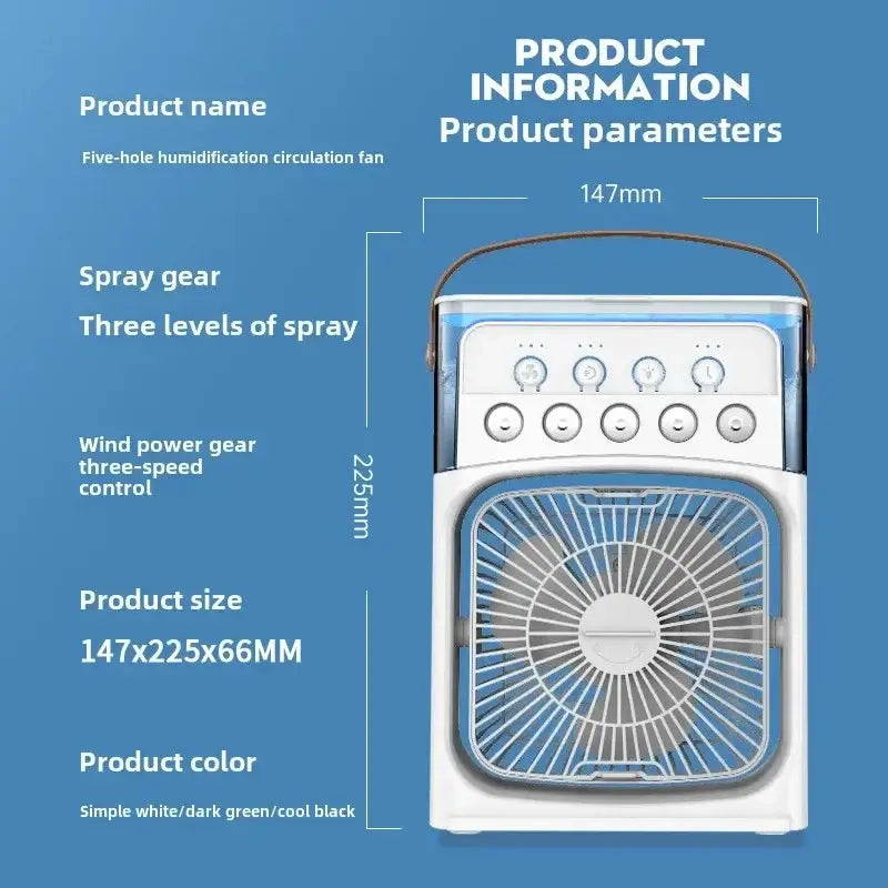 Nevytech 3-in-1 portable mini air cooler offers cooling, humidifying, and LED lighting—compact, quiet, and energy efficient.