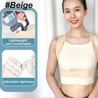 Beige back posture corrector for women, adjustable fit for comfort, showcasing lightweight design and ease of use.