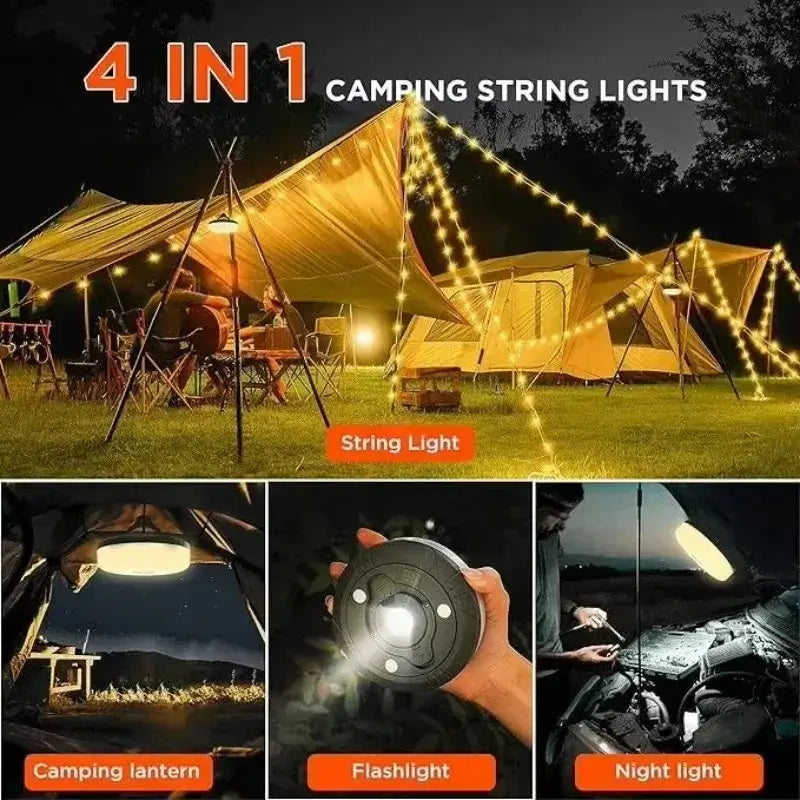 4 in 1 camping string lights showcasing camping lantern, flashlight, and night light in outdoor setting.