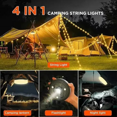 4 in 1 camping string lights showcasing camping lantern, flashlight, and night light in outdoor setting.