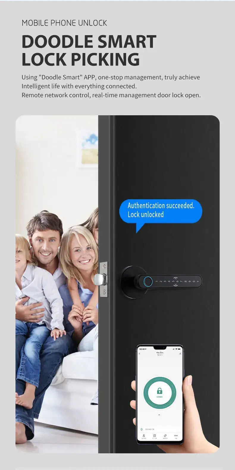 Doodle Smart Lock with mobile phone unlocking and family using it for secure remote access.