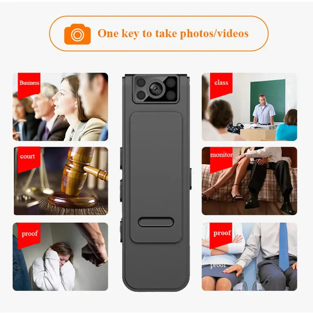 Mini body camera features with one-button photo/video capture for business, court, and monitoring situations.