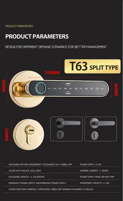 Smart fingerprint door lock specifications including dimensions and unlocking methods for secure access.