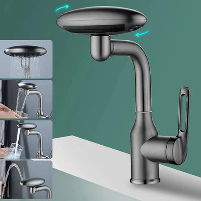 Multi-functional waterfall basin faucet with 360° rotation and four water outlet modes for bathroom sinks.