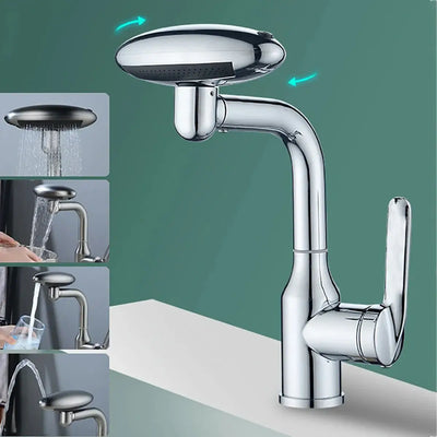 Multi-functional waterfall basin faucet with 360° rotation and four water outlet modes for bathroom sinks.