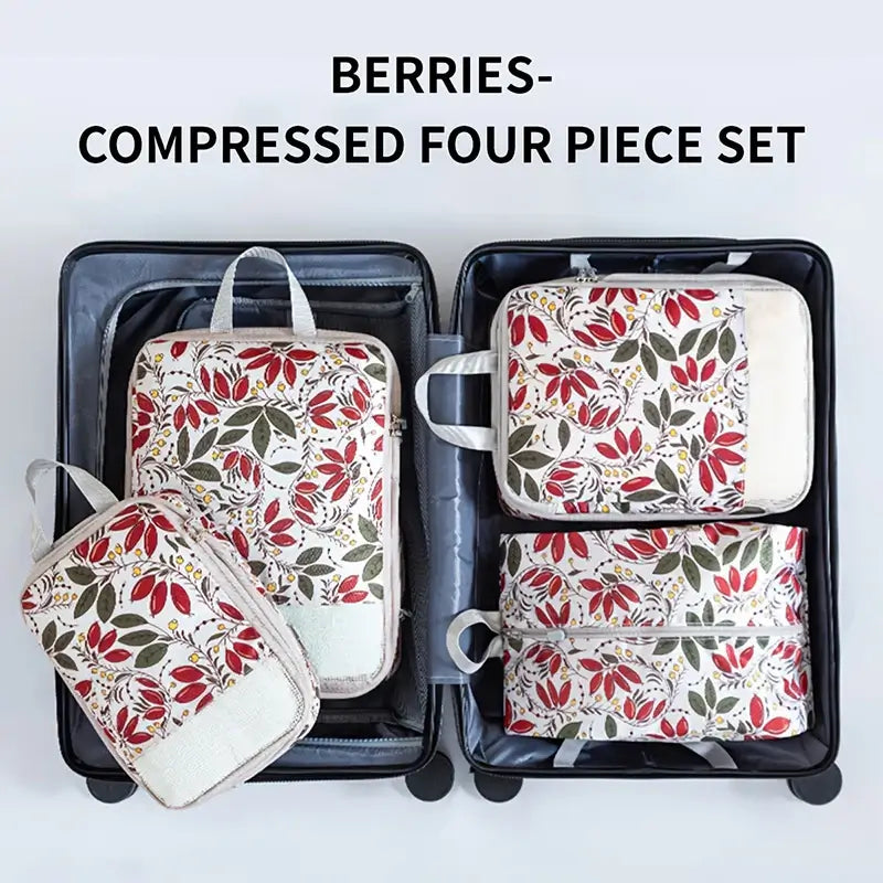 4pcs berry-themed compression storage bags set displayed in luggage for efficient packing and organization.