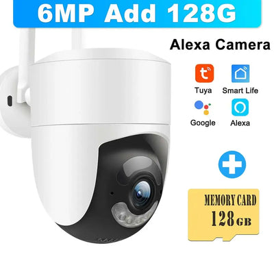 6MP Tuya WiFi PTZ camera with 128GB memory card, compatible with Alexa and Smart Life for outdoor security.