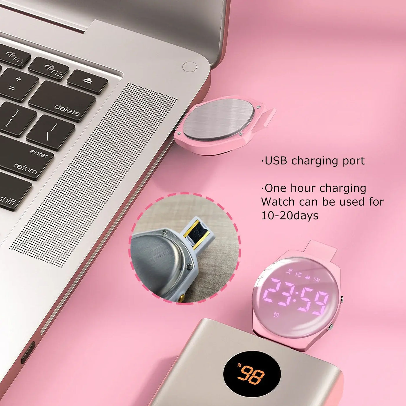 Pink fitness tracker watch charging via USB, highlighting one-hour charge for 10-20 days of use.