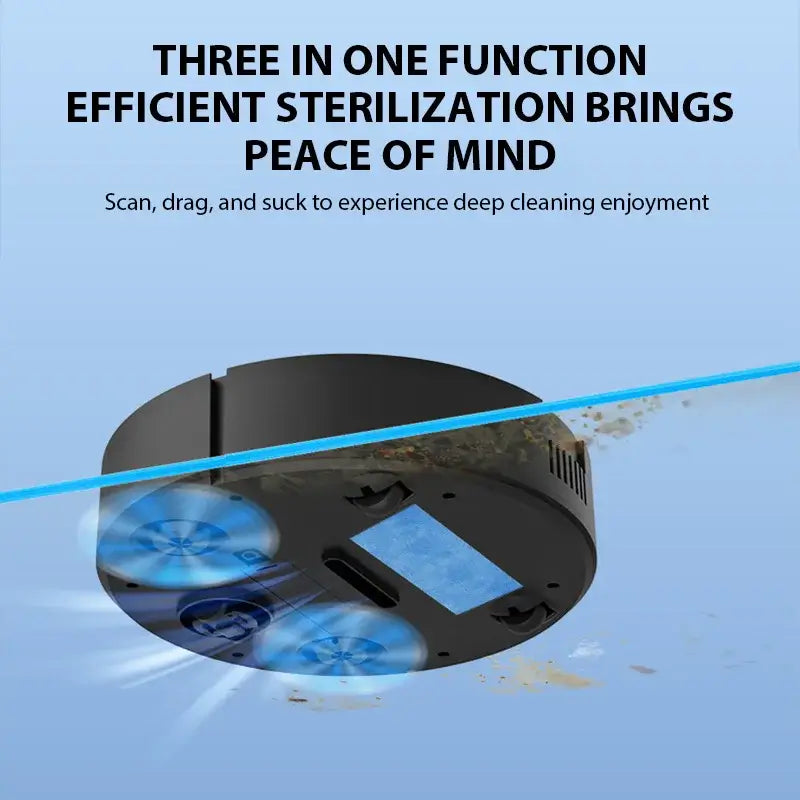 Wireless smart robot vacuum with three-in-one function for deep cleaning and sterilization.