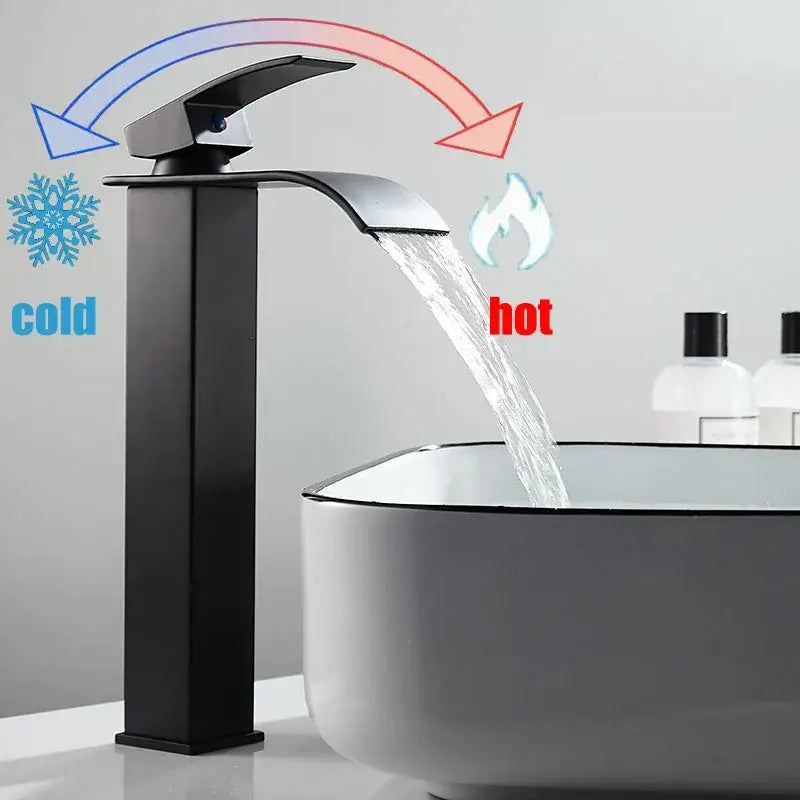 Modern waterfall sink faucet with hot and cold water control for basin installation.