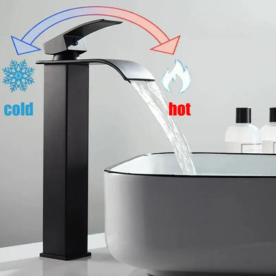 Modern waterfall sink faucet with hot and cold water control for basin installation.