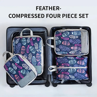 Set of four feather-compressed packing cubes in a suitcase for organized travel storage.
