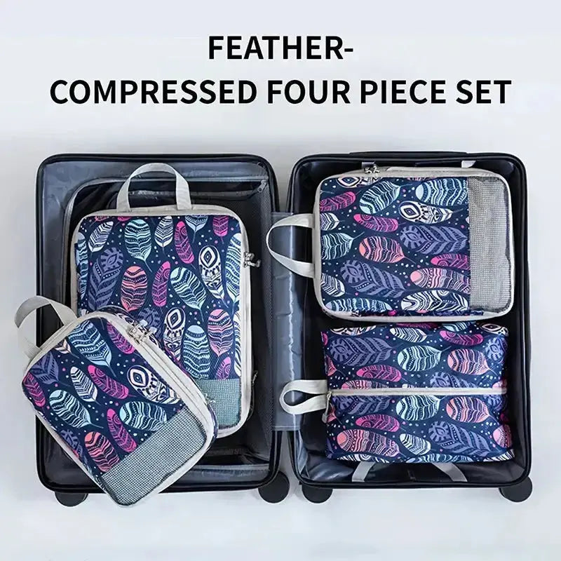 Nevytech 4Pcs Compression Storage Bags Set with colorful patterns for organization and travel.