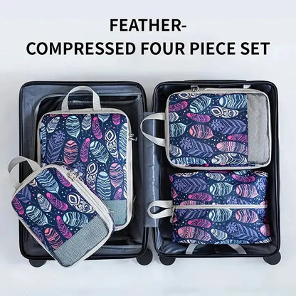 Nevytech 4Pcs Compression Storage Bags Set with colorful patterns for organization and travel.
