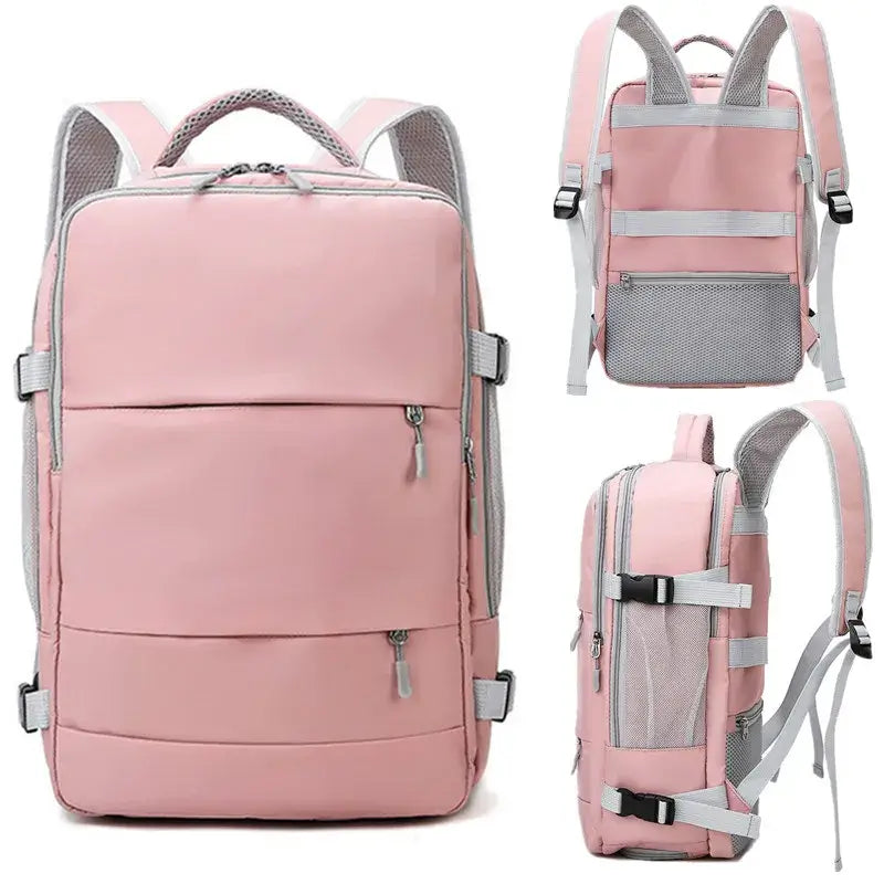 Pink large capacity waterproof backpack for women with multiple pockets and adjustable straps.