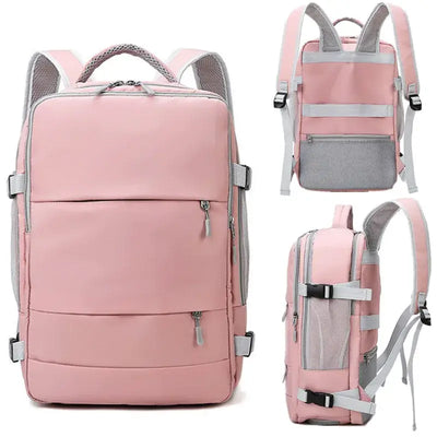 Pink large capacity waterproof backpack for women with multiple pockets and adjustable straps.
