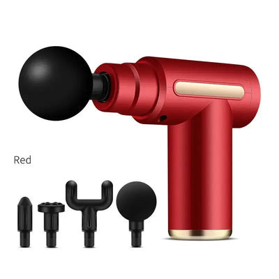 Mini massage gun in red with multiple attachments for muscle recovery, featuring 6 speed settings and Type-C charging.