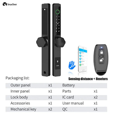 SmarDeer electronic door lock with Bluetooth, biometric access, and waterproof design for sliding doors.