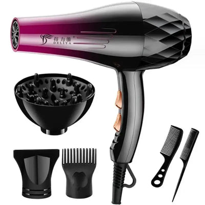 Professional 1200W/2200W hair dryer set with multiple styling attachments, combs, and diffuser for salon use.
