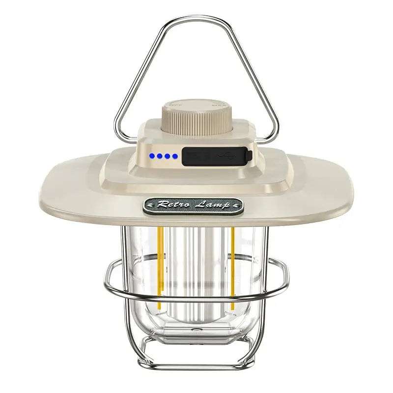 Retro LED camping lantern with stepless dimming and rechargeable battery, ideal for outdoor adventures and emergencies.