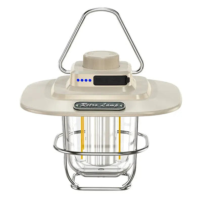 Retro LED camping lantern with stepless dimming and rechargeable battery, ideal for outdoor adventures and emergencies.
