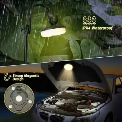 LED camping light with strong magnetic design, waterproof for outdoor use, illuminating engine compartment and tent.