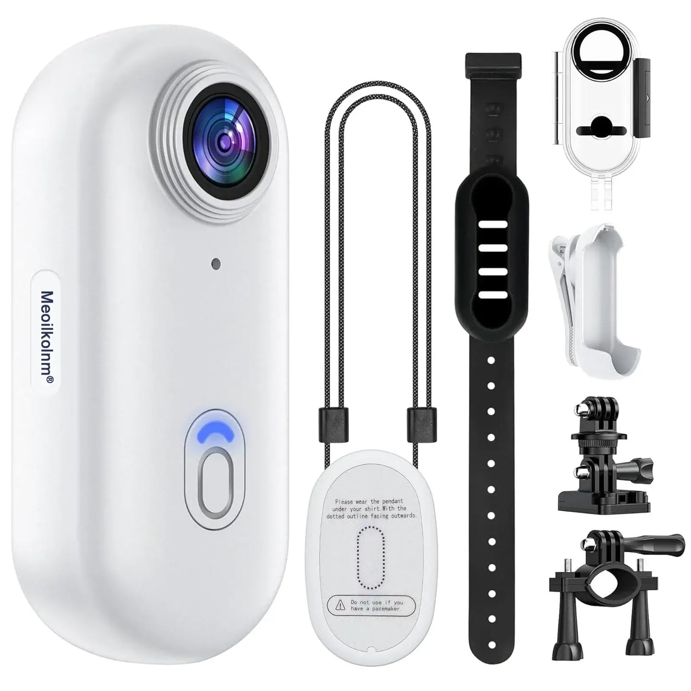 Compact 4K waterproof action camera with accessories including mounts, strap, and remote for outdoor activities.