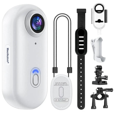 Compact 4K waterproof action camera with accessories including mounts, strap, and remote for outdoor activities.