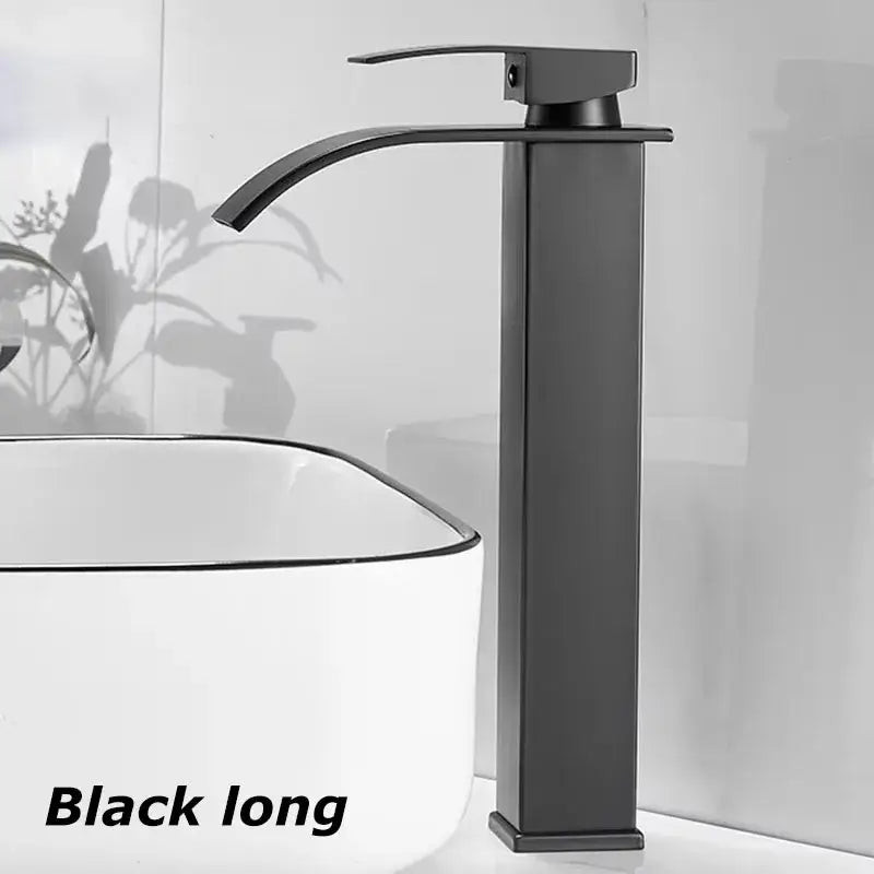 Sleek black long basin faucet with modern design, perfect for contemporary bathroom aesthetics.
