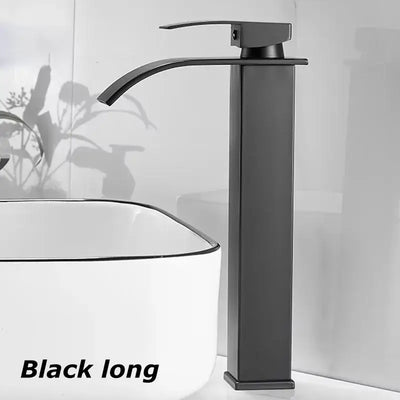 Sleek black long basin faucet with modern design, perfect for contemporary bathroom aesthetics.