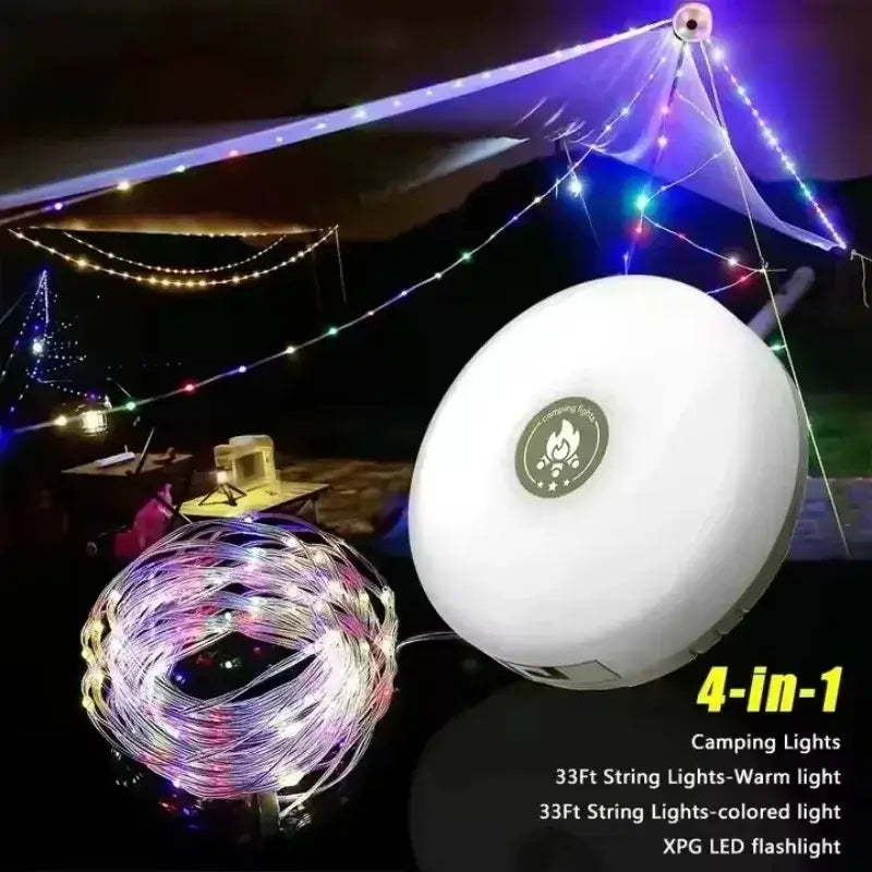 4-in-1 camping lights featuring 33ft warm and colored string lights and XPG LED flashlight for outdoor use.