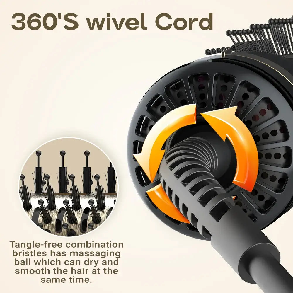 360° swivel cord feature of the 4-in-1 hair dryer brush for tangle-free styling with massaging bristles.
