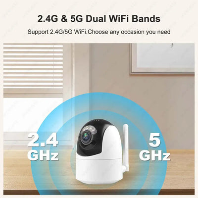 6MP Tuya WiFi camera showing dual 2.4G and 5G bands for surveillance security setup.