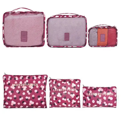 6pcs travel luggage packing cubes in pink floral design, including organizer bags for clothes, shoes, and laundry.
