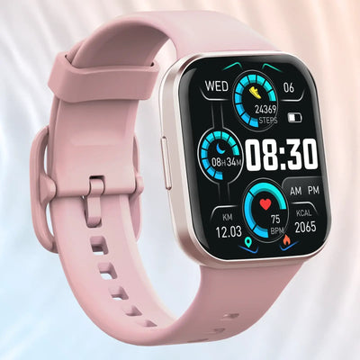 Smart watch with pink band displaying health metrics and time, showcasing fitness tracking features.