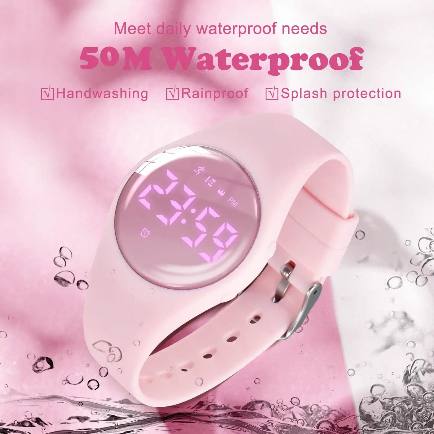 Pink digital sport watch highlighting 50M waterproof features, designed for kids with stylish round face.