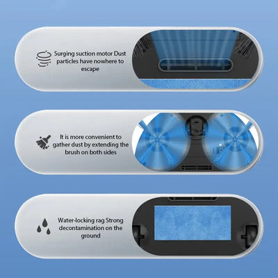 Features of a wireless smart robot vacuum: powerful suction, dual brushes, and effective water-locking rag for deep cleaning.