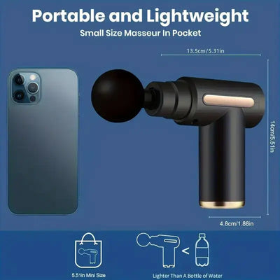 Mini massage gun comparison with smartphone, showcasing portable and lightweight design, perfect for on-the-go muscle relief.