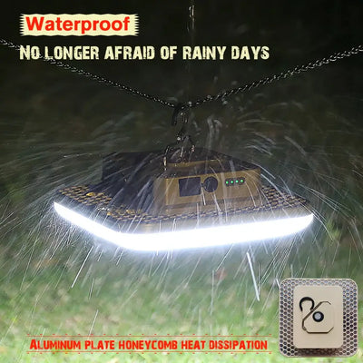 Rechargeable LED camping lantern with waterproof design, illuminated under rain, showcasing aluminum heat dissipation.