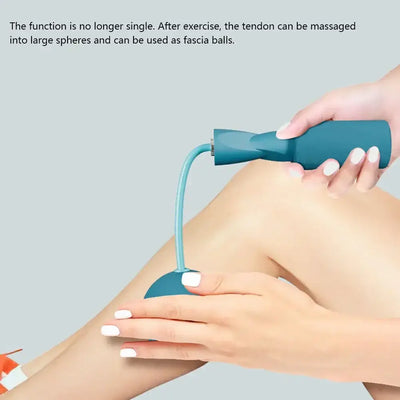 Person using a handheld massager on their leg for post-exercise recovery, showcasing its multifunctional design.