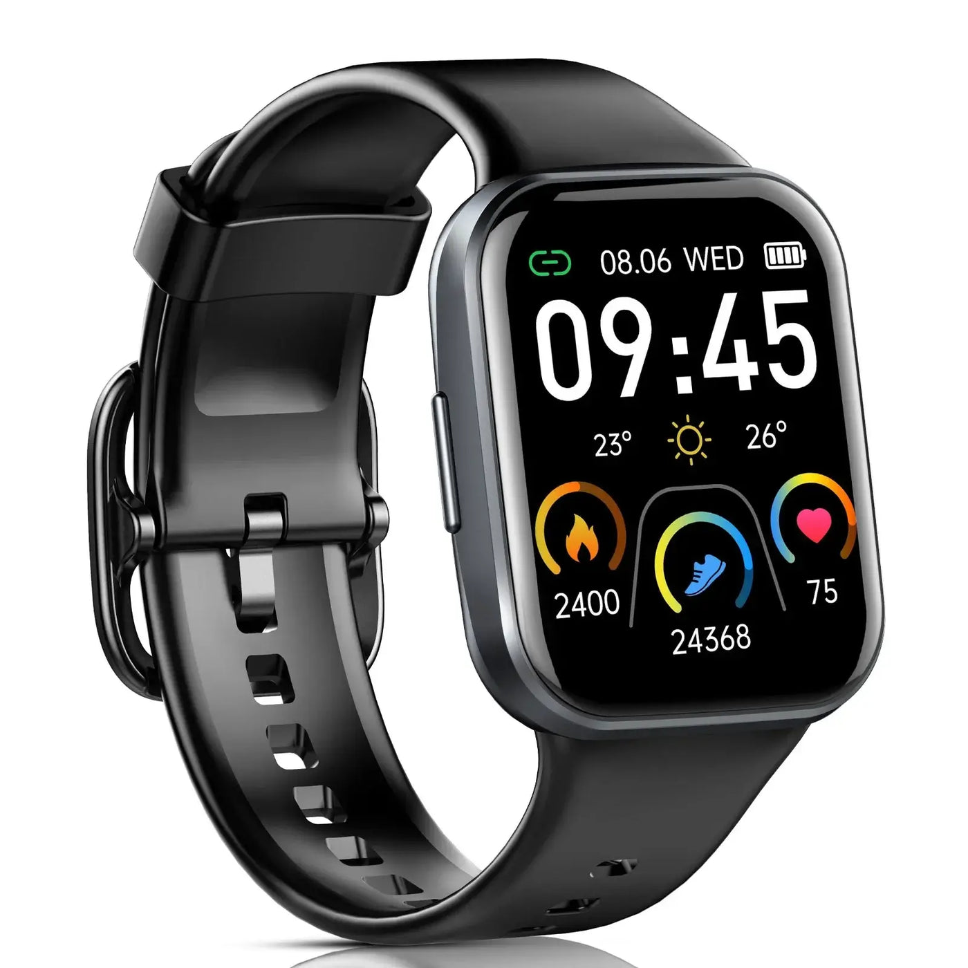 Smart watch with a black strap displaying time and fitness metrics, ideal for tracking steps and sleep.