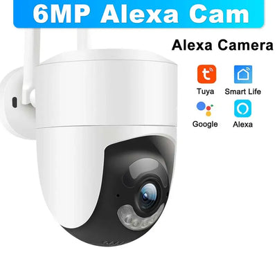 6MP WiFi surveillance camera compatible with Alexa and Google, featuring AI tracking and night vision.