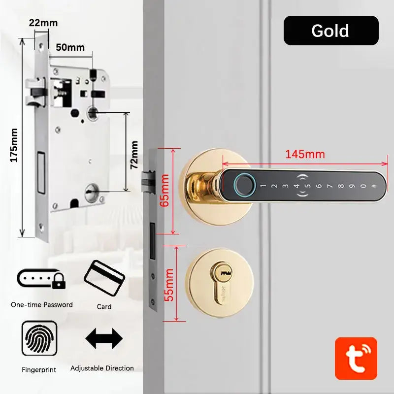 Smart fingerprint door lock handle with keypad, gold finish, dimensions for easy installation, secure keyless entry.