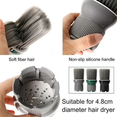 Barbertop Hair Dryer Brush features soft fiber bristles, non-slip handle, and is compatible with 4.8cm diameter hair dryers.