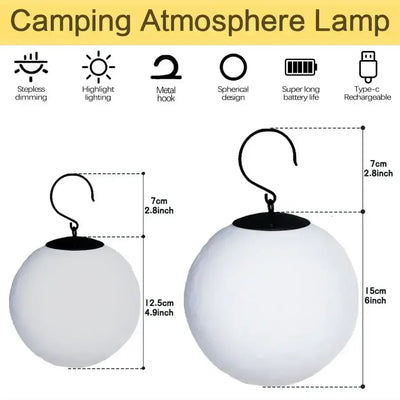 Camping atmosphere lamp with stepless dimming, highlighting, and a metal hook for hanging, featuring a spherical design.