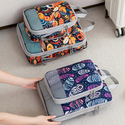 Colorful set of 4 foldable storage bags on a carpet, ideal for travel organization and laundry.