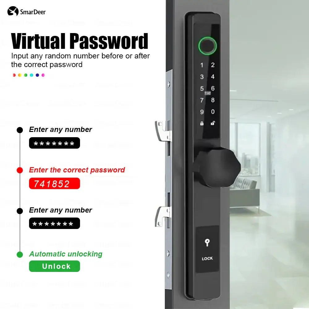 SmarDeer electronic door lock with virtual password input and unlock feature, showcasing biometric technology and keypad functionality.