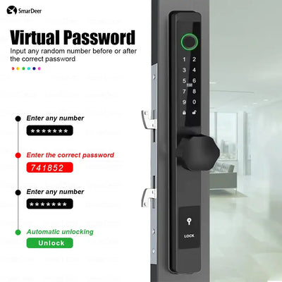 SmarDeer electronic door lock with virtual password input and unlock feature, showcasing biometric technology and keypad functionality.